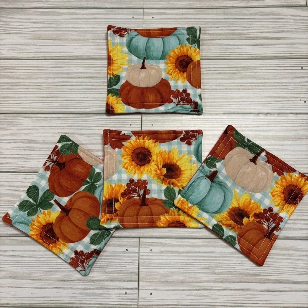 Handmade Fall Pumpkin Gingham Reusable Washable Fabric Coasters